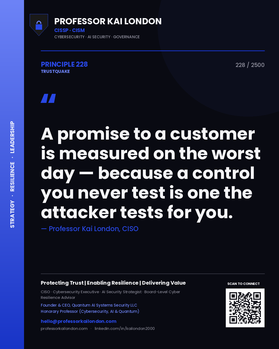 Quote card by Professor Kai London reading 'A promise to a customer is measured on the worst day — because a control you never test is one the attacker tests for you.'. From the book Trustquake.