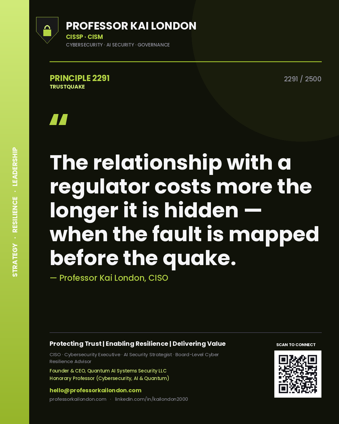 Quote card by Professor Kai London reading 'The relationship with a regulator costs more the longer it is hidden — when the fault is mapped before the quake.'. From the book Trustquake.