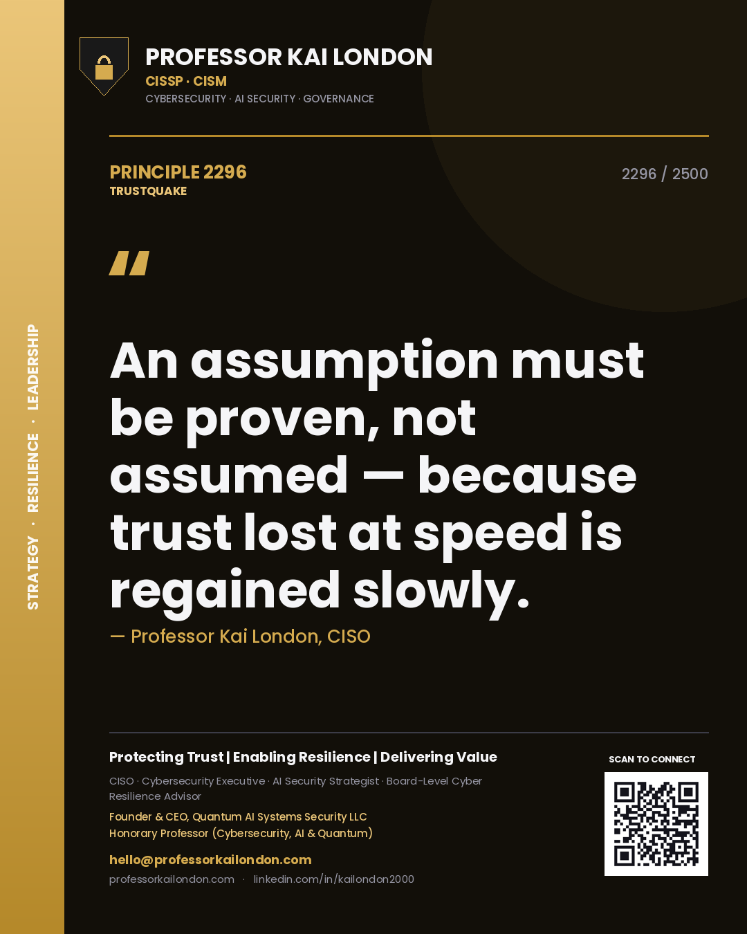 Quote card by Professor Kai London reading 'An assumption must be proven, not assumed — because trust lost at speed is regained slowly.'. From the book Trustquake.