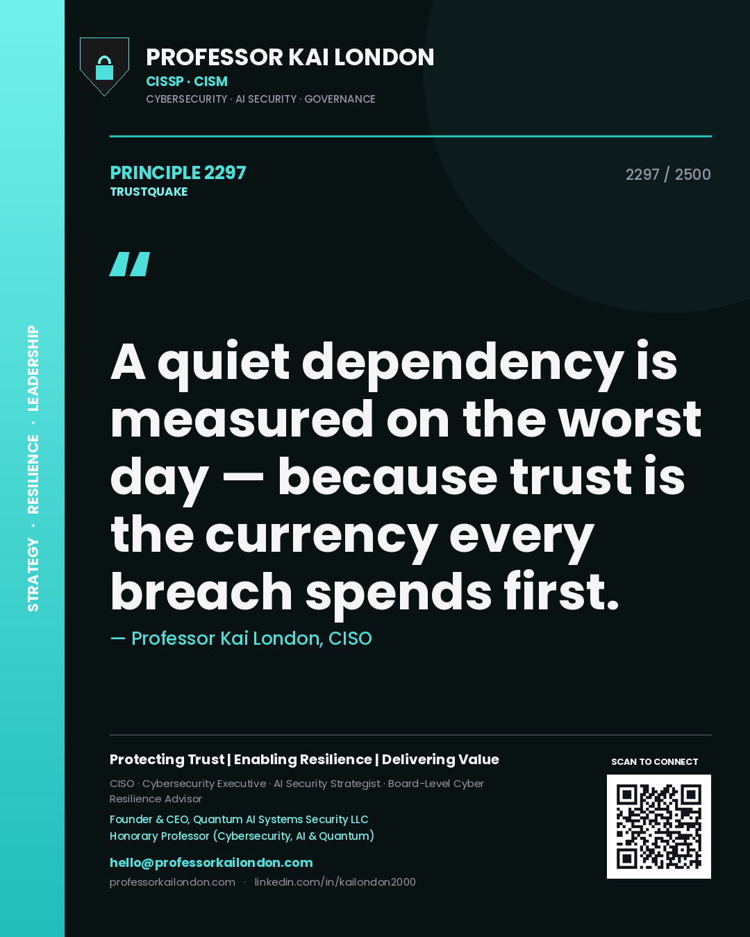 Quote card by Professor Kai London reading 'A quiet dependency is measured on the worst day — because trust is the currency every breach spends first.'. From the book Trustquake.