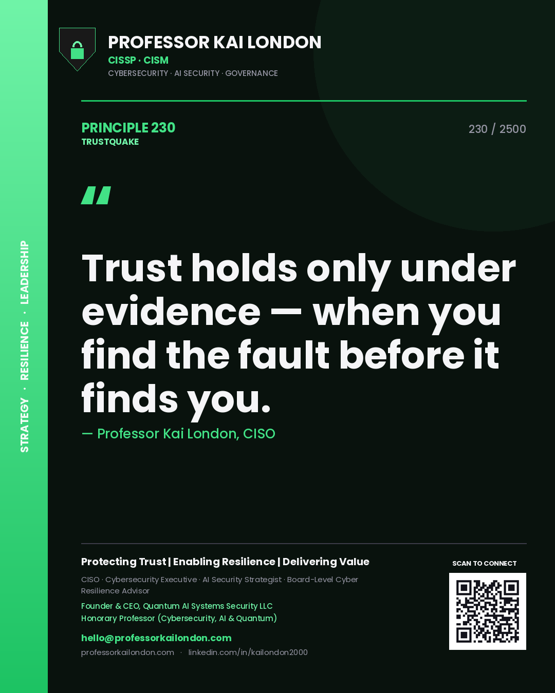 Professor Kai London principle 230: Trust holds only under evidence — when you find the fault before it finds you.