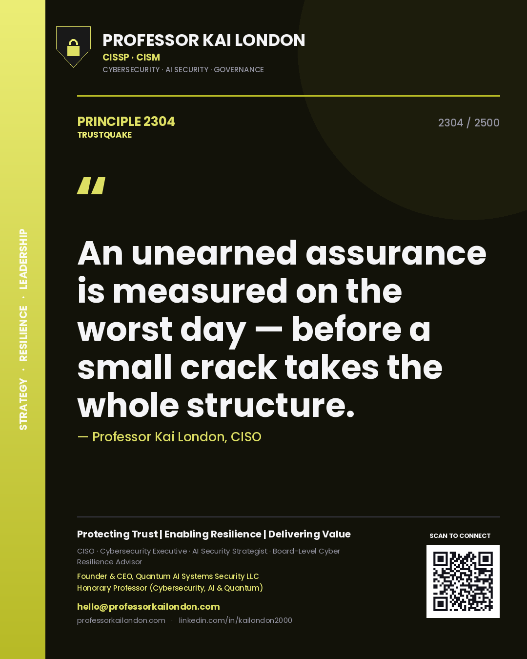 Quote card by Professor Kai London reading 'An unearned assurance is measured on the worst day — before a small crack takes the whole structure.'. From the book Trustquake.