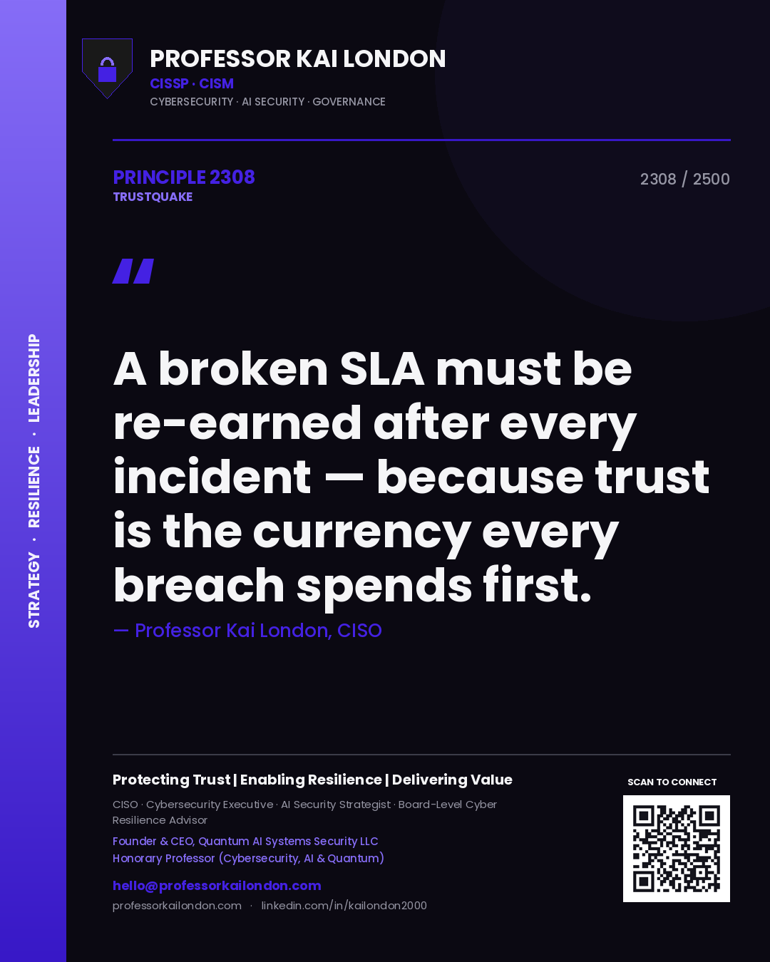 Quote card by Professor Kai London reading 'A broken SLA must be re-earned after every incident — because trust is the currency every breach spends first.'. From the book Trustquake.