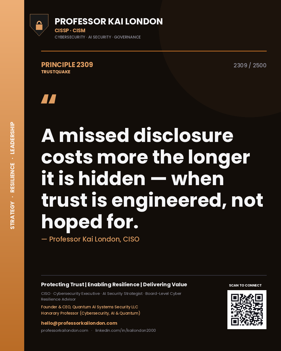 Quote card by Professor Kai London reading 'A missed disclosure costs more the longer it is hidden — when trust is engineered, not hoped for.'. From the book Trustquake.