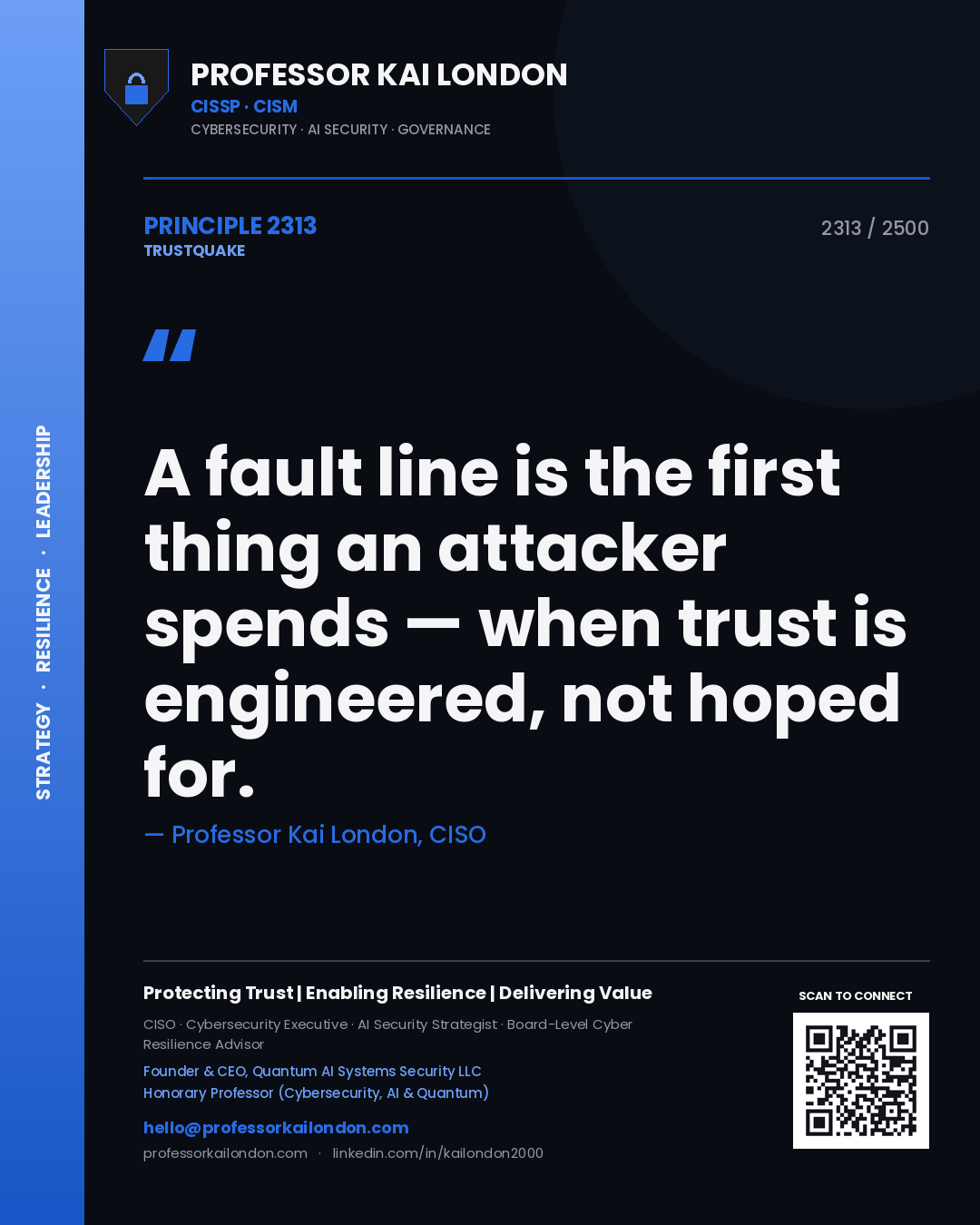 Quote card by Professor Kai London reading 'A fault line is the first thing an attacker spends — when trust is engineered, not hoped for.'. From the book Trustquake.