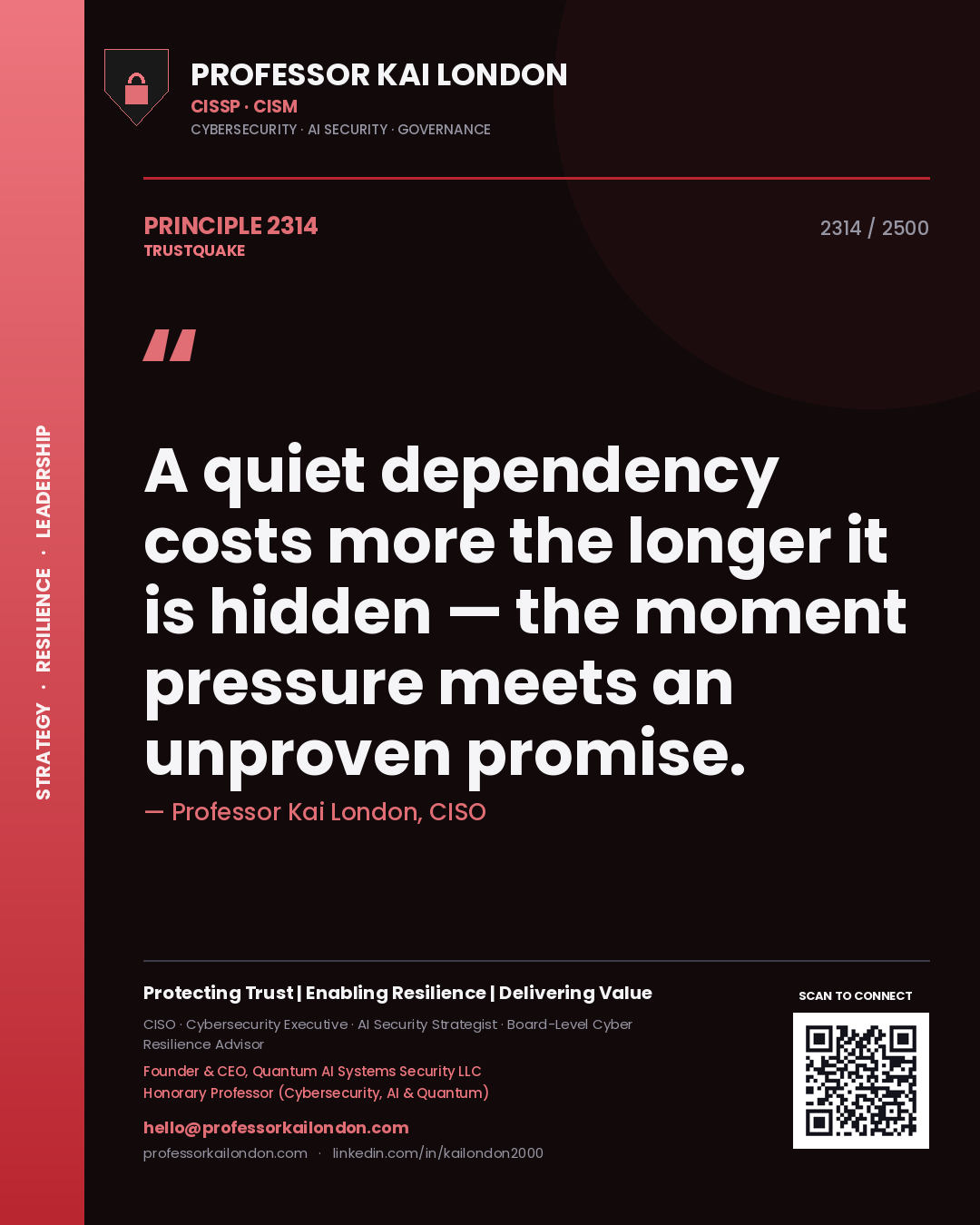 Professor Kai London principle 2314: A quiet dependency costs more the longer it is hidden — the moment pressure meets an unproven promise.
