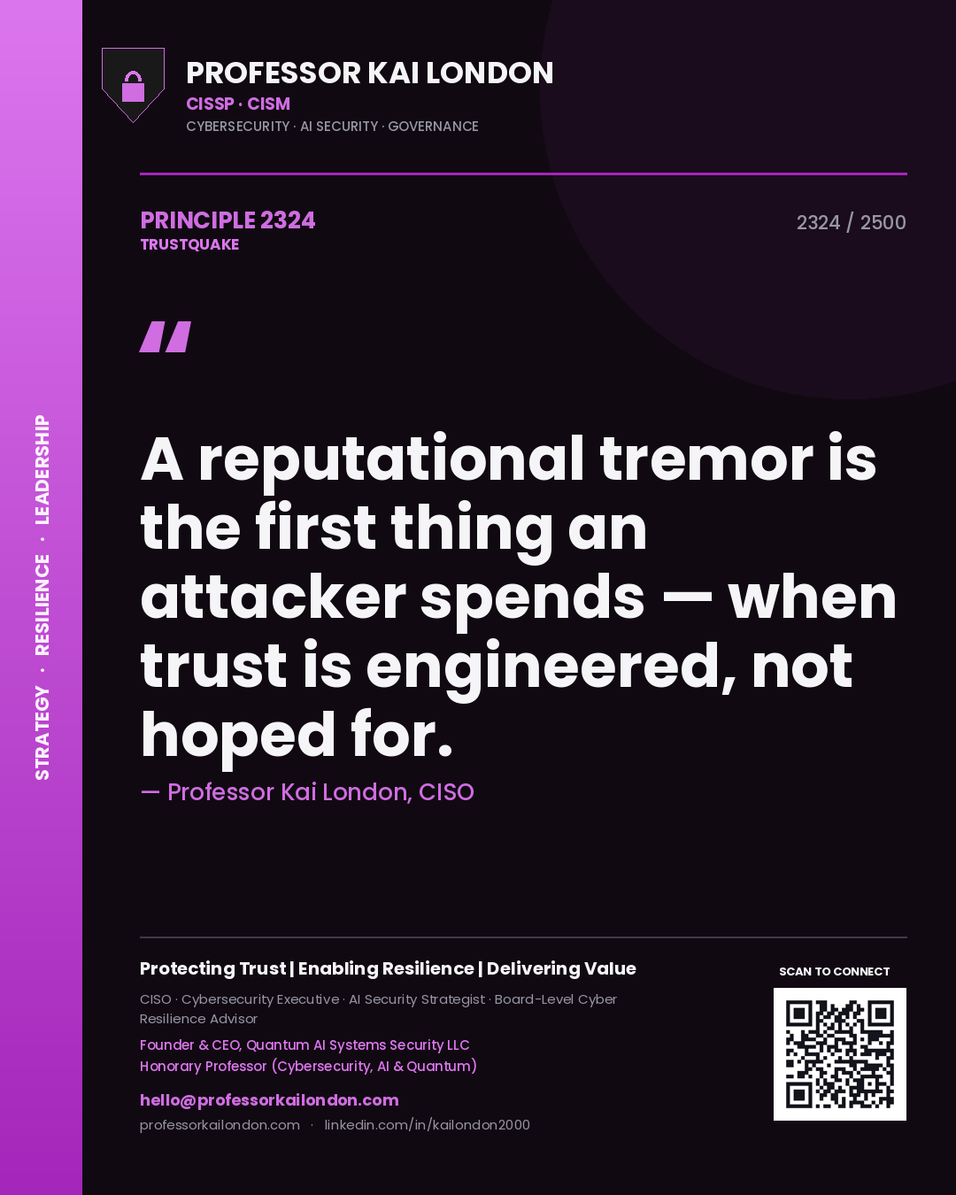 Professor Kai London principle 2324: A reputational tremor is the first thing an attacker spends — when trust is engineered, not hoped for.