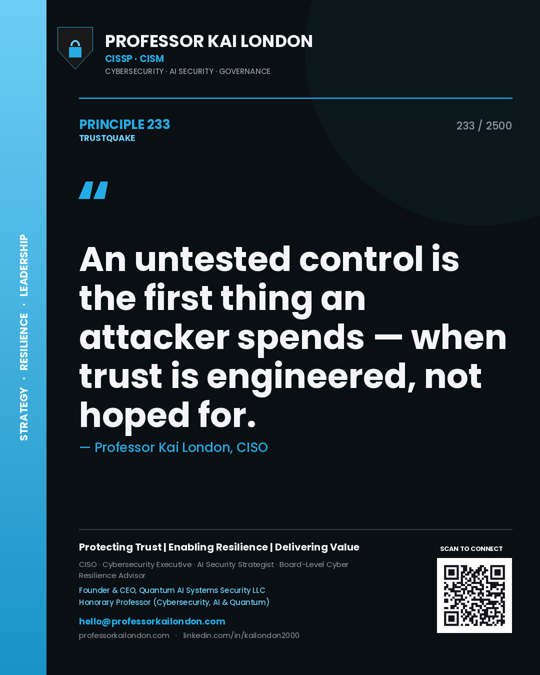 Quote card by Professor Kai London reading 'An untested control is the first thing an attacker spends — when trust is engineered, not hoped for.'. From the book Trustquake.