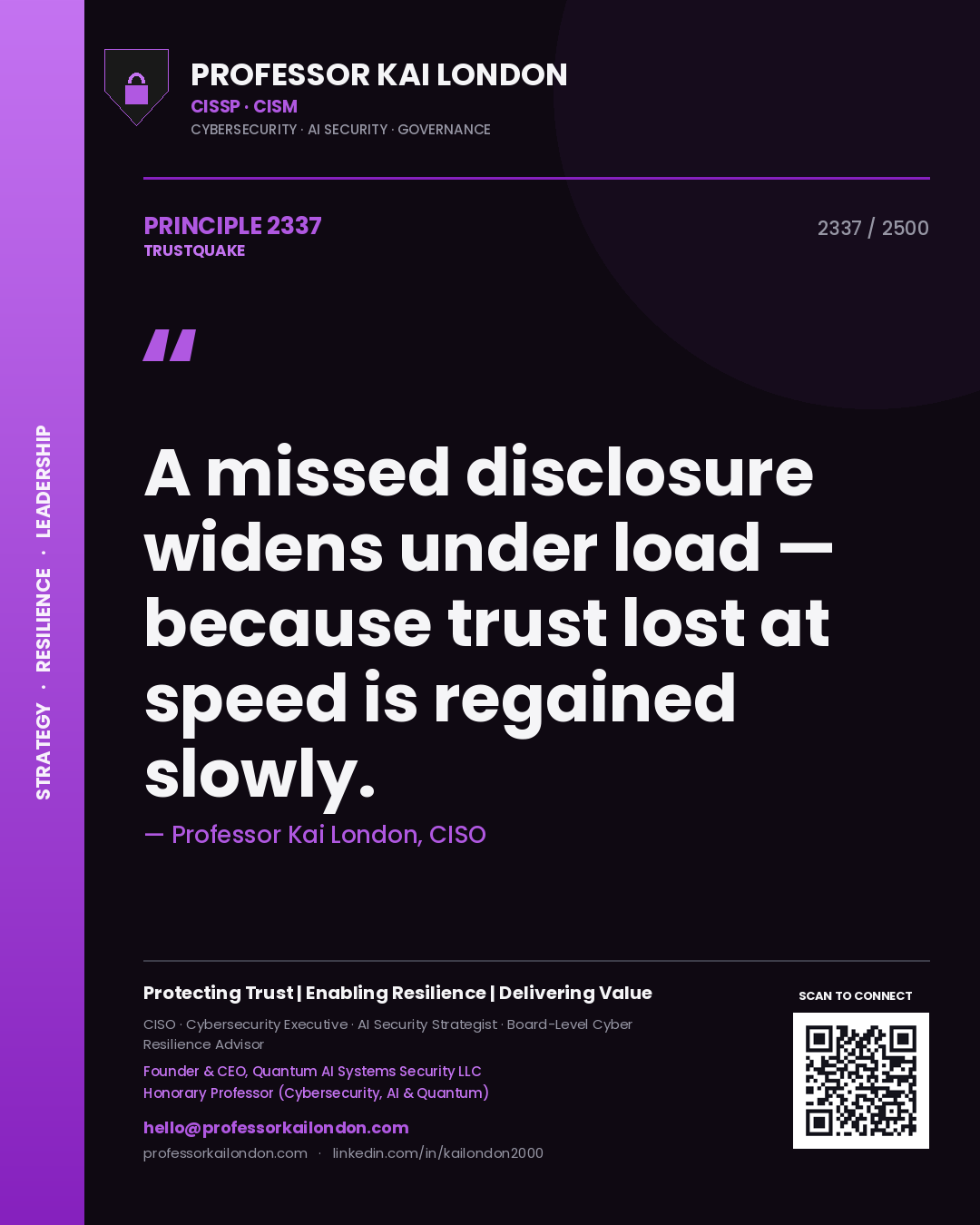 Professor Kai London principle 2337: A missed disclosure widens under load — because trust lost at speed is regained slowly.