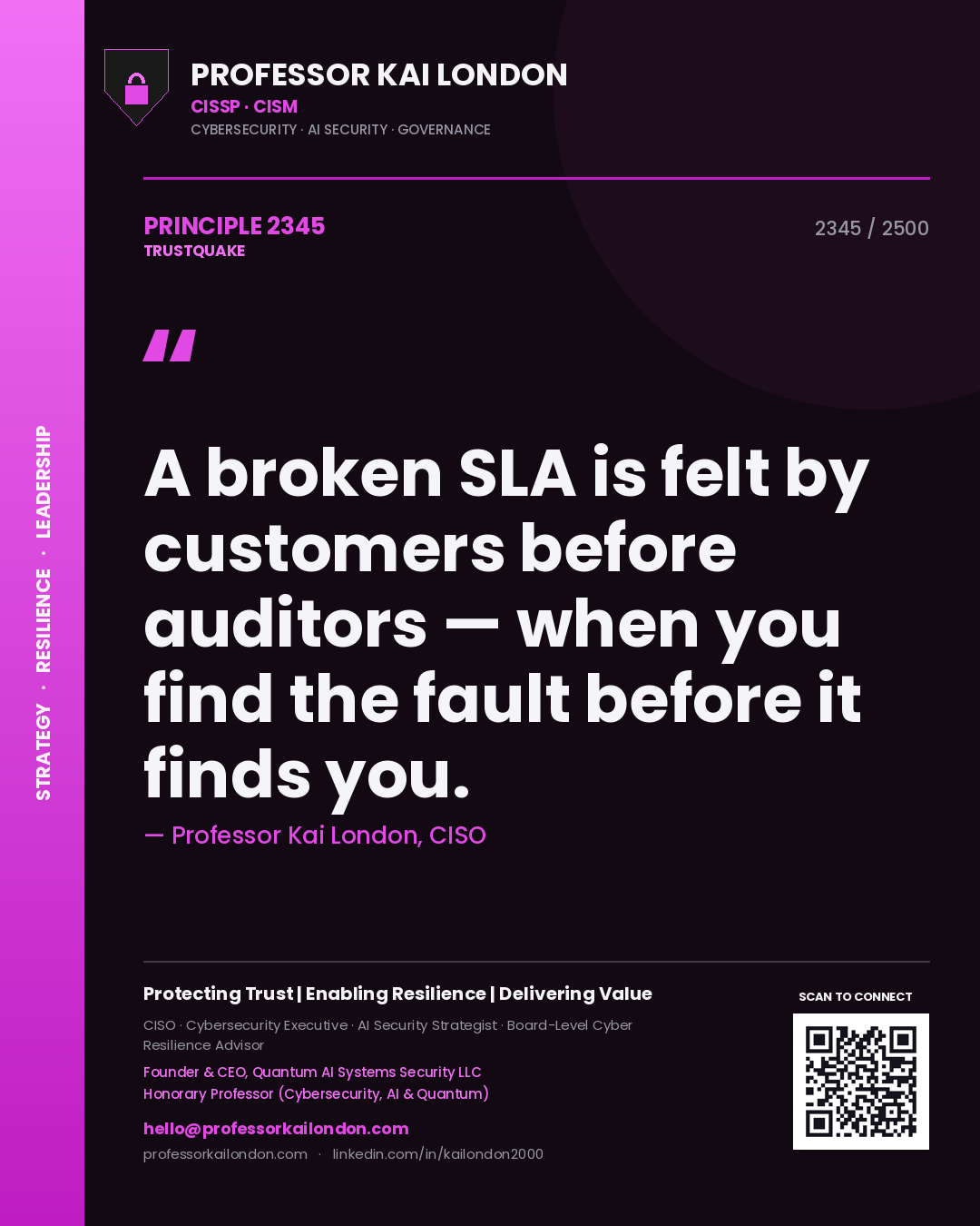 Quote card by Professor Kai London reading 'A broken SLA is felt by customers before auditors — when you find the fault before it finds you.'. From the book Trustquake.