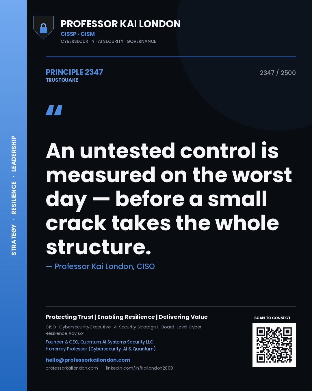 Quote card by Professor Kai London reading 'An untested control is measured on the worst day — before a small crack takes the whole structure.'. From the book Trustquake.
