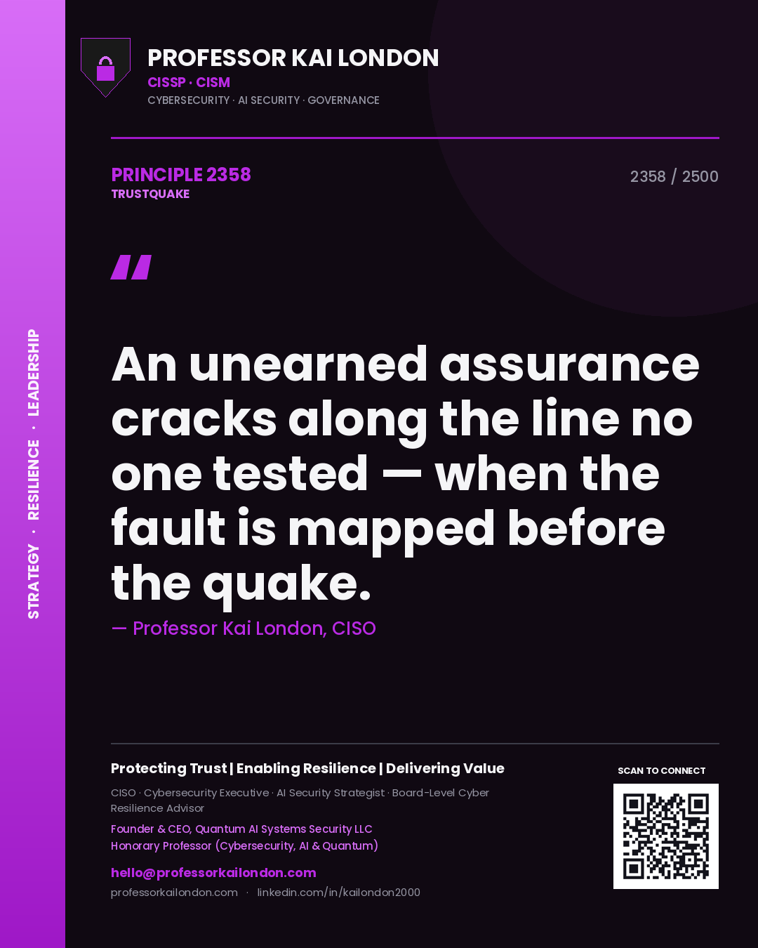 Quote card by Professor Kai London reading 'An unearned assurance cracks along the line no one tested — when the fault is mapped before the quake.'. From the book Trustquake.