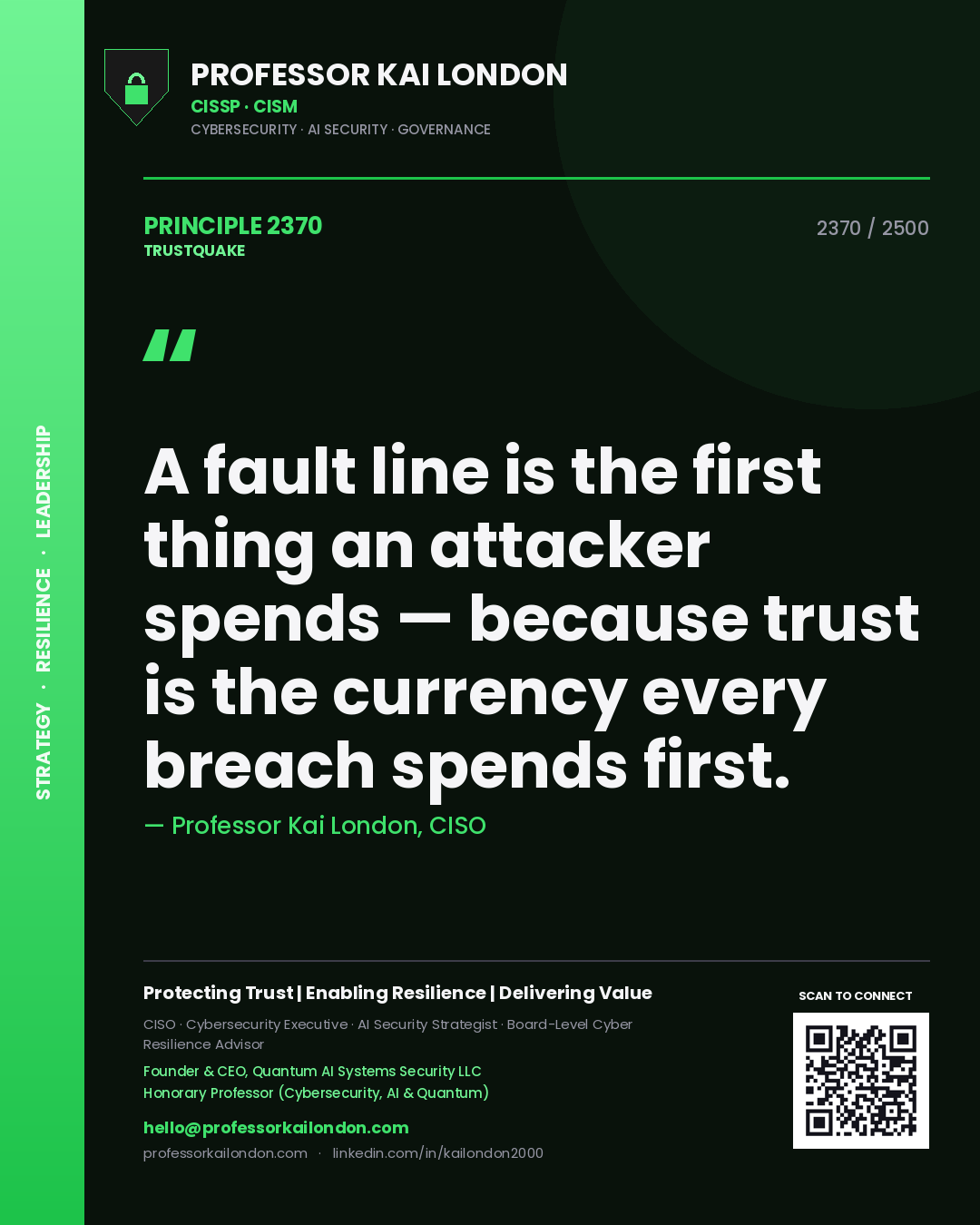 Professor Kai London principle 2370: A fault line is the first thing an attacker spends — because trust is the currency every breach spends first.
