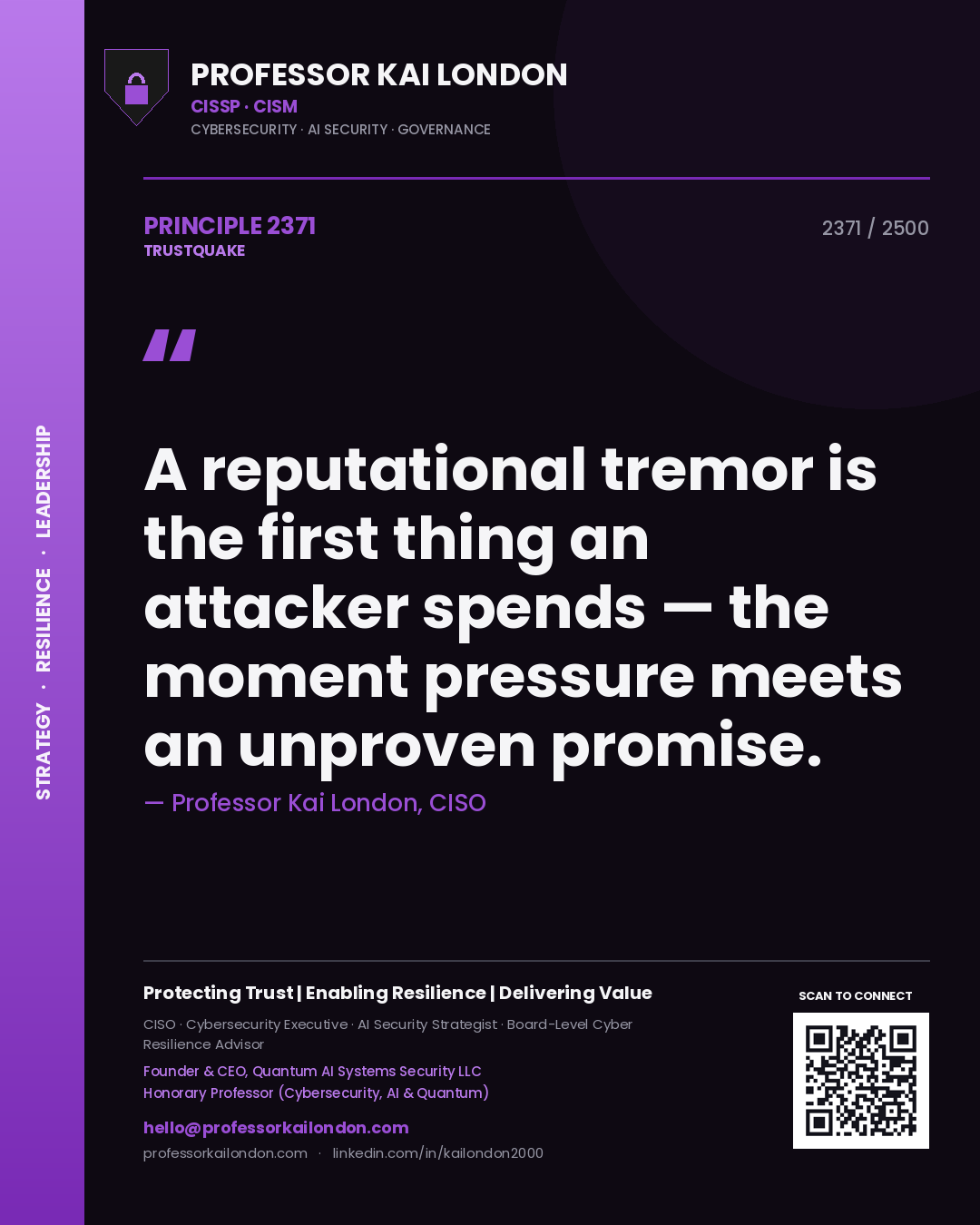Quote card by Professor Kai London reading 'A reputational tremor is the first thing an attacker spends — the moment pressure meets an unproven promise.'. From the book Trustquake.