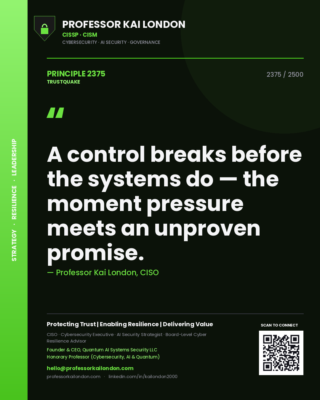 Professor Kai London principle 2375: A control breaks before the systems do — the moment pressure meets an unproven promise.