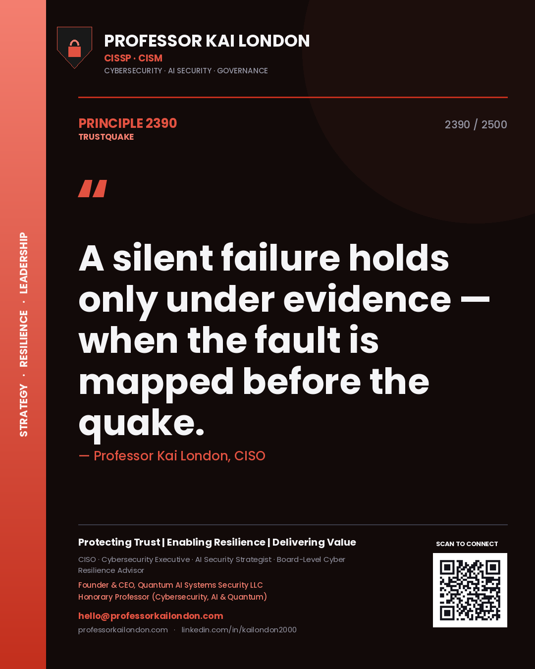 Quote card by Professor Kai London reading 'A silent failure holds only under evidence — when the fault is mapped before the quake.'. From the book Trustquake.