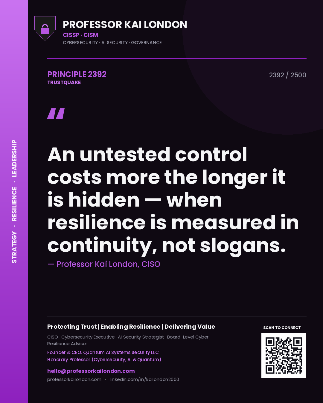 Professor Kai London principle 2392: An untested control costs more the longer it is hidden — when resilience is measured in continuity, not slogans.