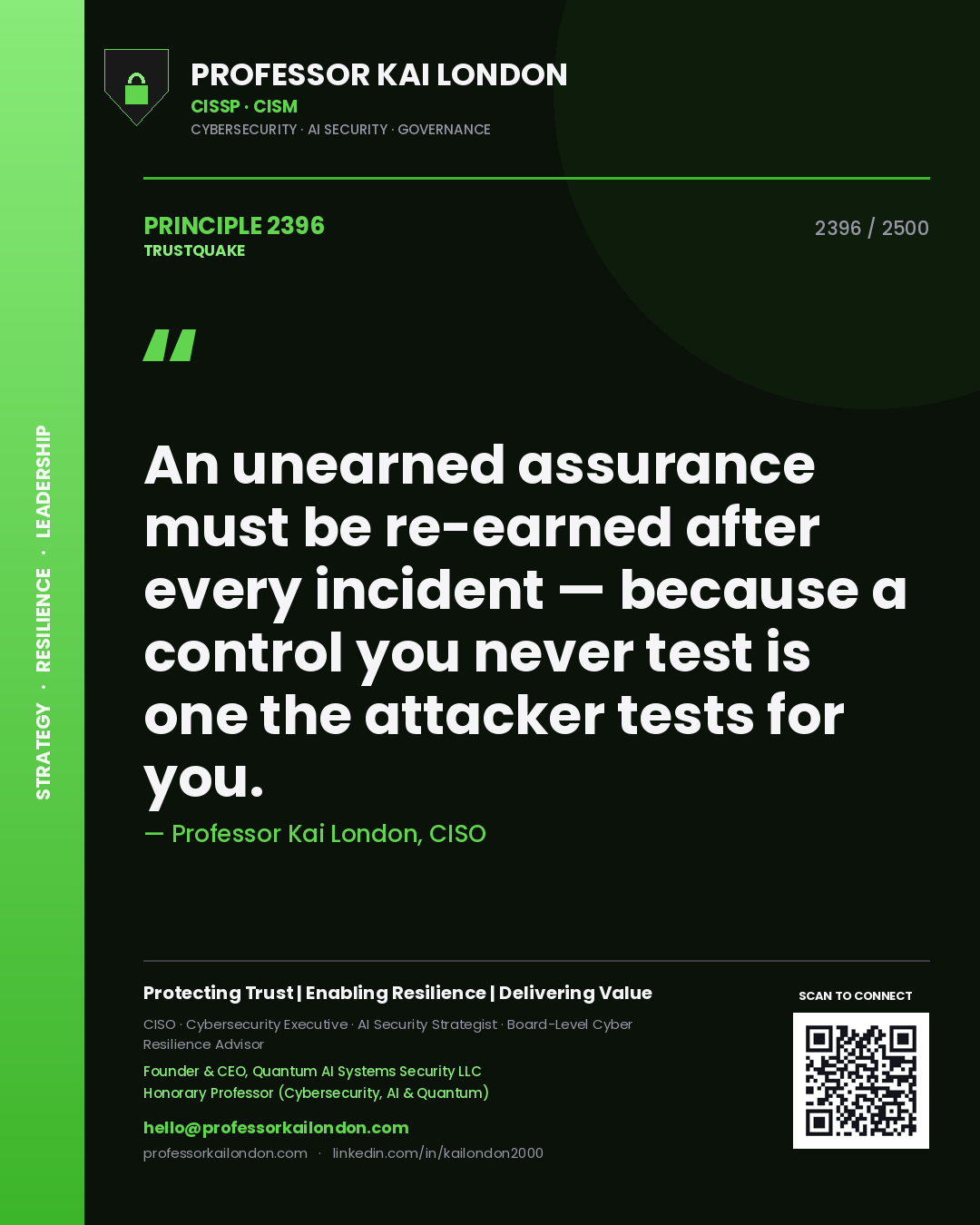 Quote card by Professor Kai London reading 'An unearned assurance must be re-earned after every incident — because a control you never test is one the attacker tests for you.'. From the book Trustquake.