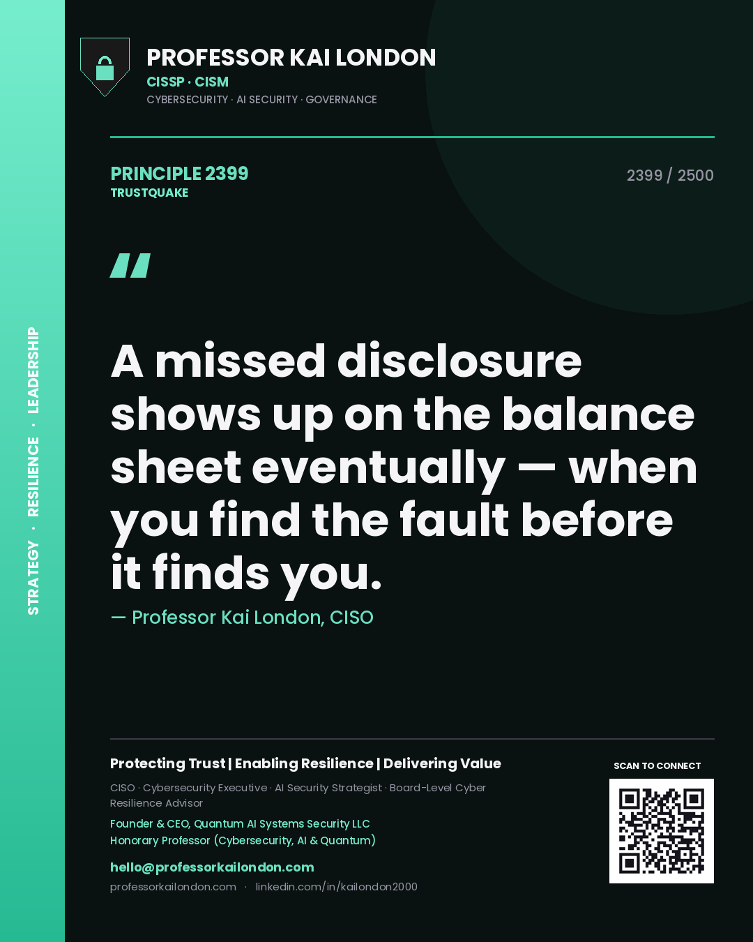 Professor Kai London principle 2399: A missed disclosure shows up on the balance sheet eventually — when you find the fault before it finds you.