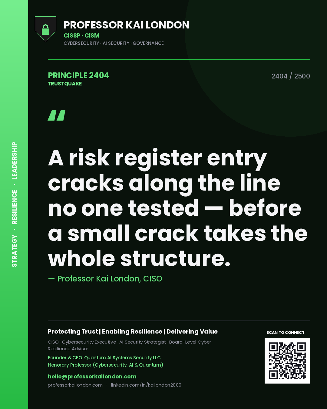 Quote card by Professor Kai London reading 'A risk register entry cracks along the line no one tested — before a small crack takes the whole structure.'. From the book Trustquake.