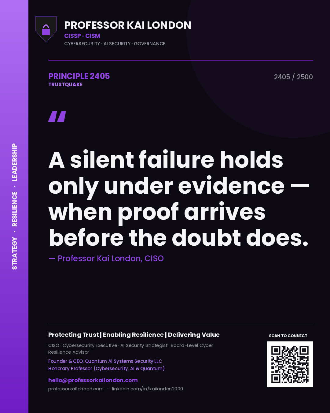 Quote card by Professor Kai London reading 'A silent failure holds only under evidence — when proof arrives before the doubt does.'. From the book Trustquake.
