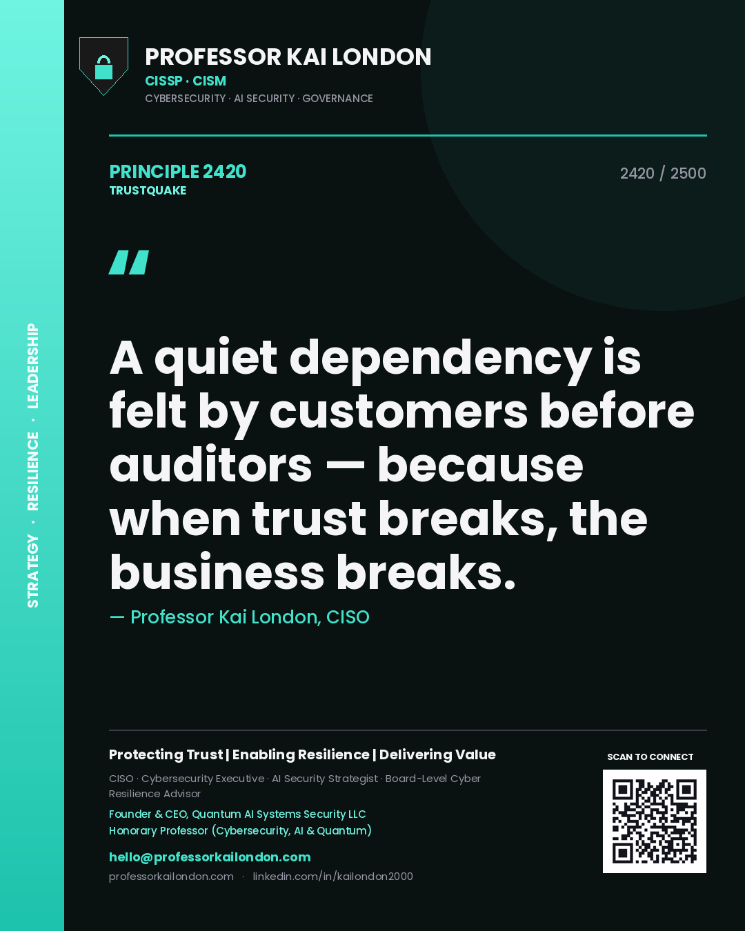 Quote card by Professor Kai London reading 'A quiet dependency is felt by customers before auditors — because when trust breaks, the business breaks.'. From the book Trustquake.