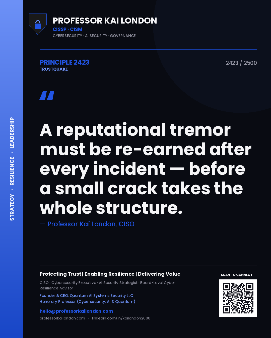 Quote card by Professor Kai London reading 'A reputational tremor must be re-earned after every incident — before a small crack takes the whole structure.'. From the book Trustquake.