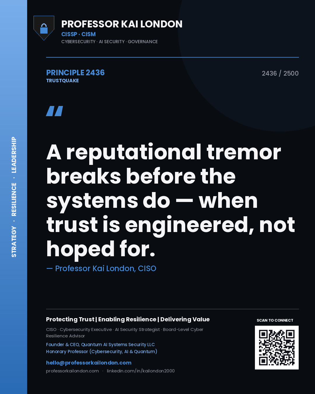 Quote card by Professor Kai London reading 'A reputational tremor breaks before the systems do — when trust is engineered, not hoped for.'. From the book Trustquake.