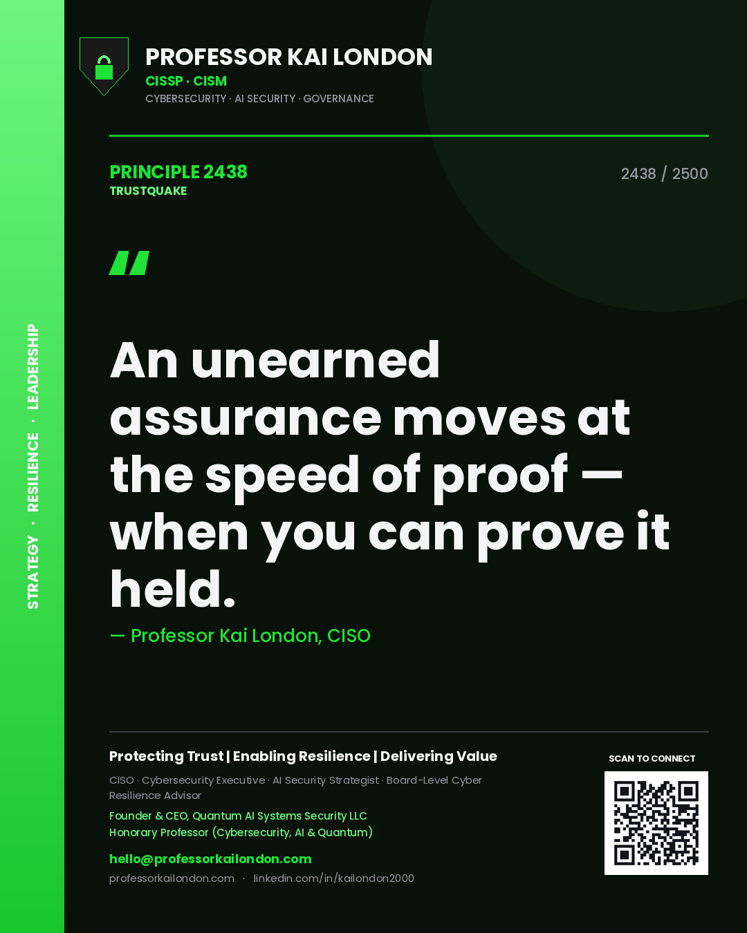Quote card by Professor Kai London reading 'An unearned assurance moves at the speed of proof — when you can prove it held.'. From the book Trustquake.