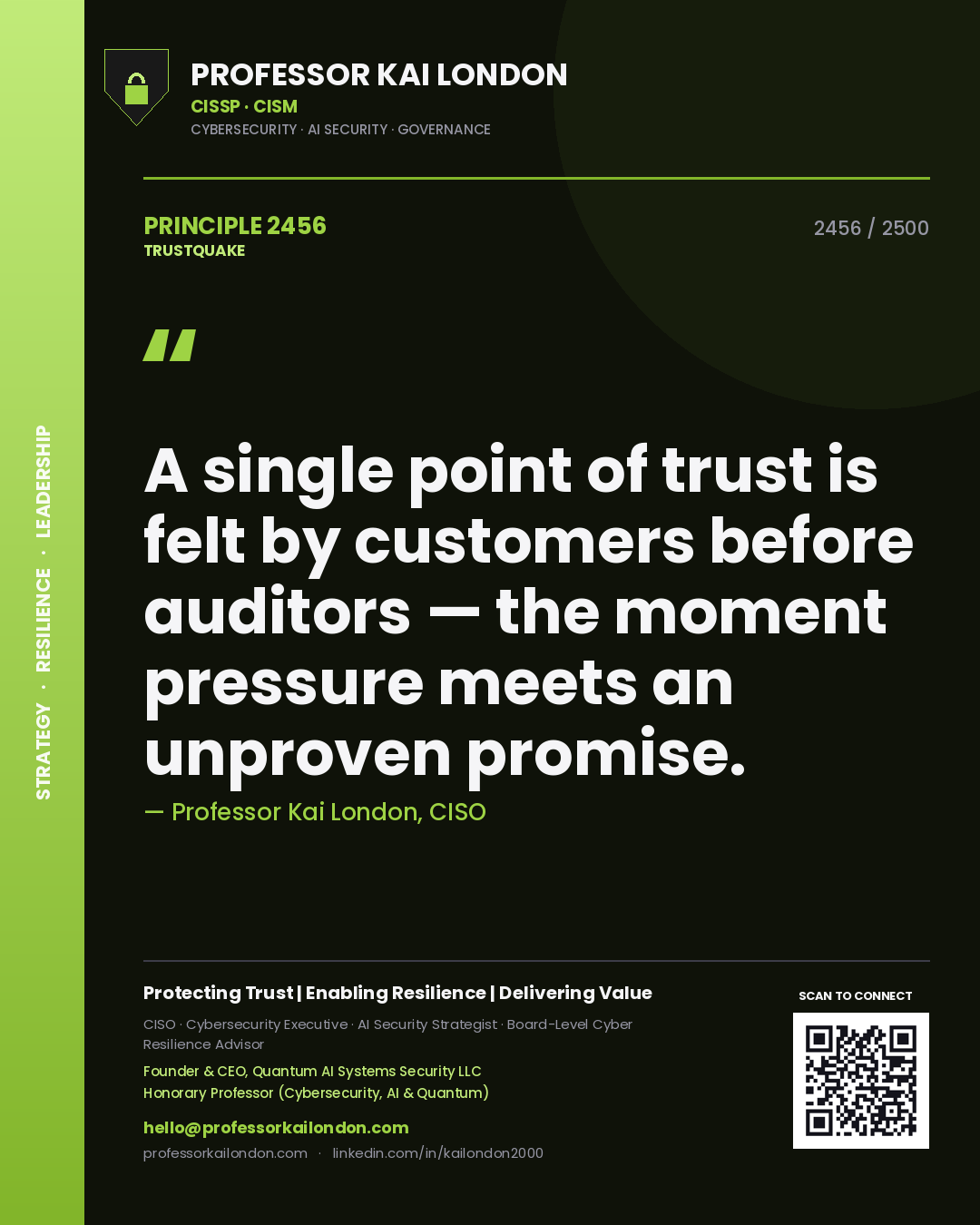 Quote card by Professor Kai London reading 'A single point of trust is felt by customers before auditors — the moment pressure meets an unproven promise.'. From the book Trustquake.
