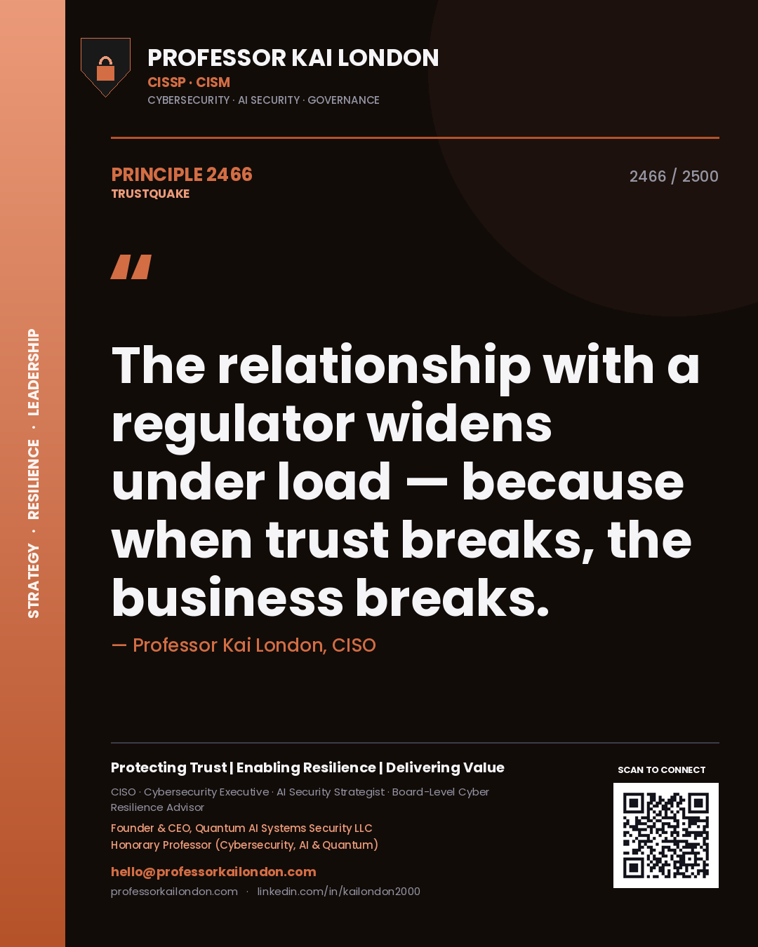 Quote card by Professor Kai London reading 'The relationship with a regulator widens under load — because when trust breaks, the business breaks.'. From the book Trustquake.