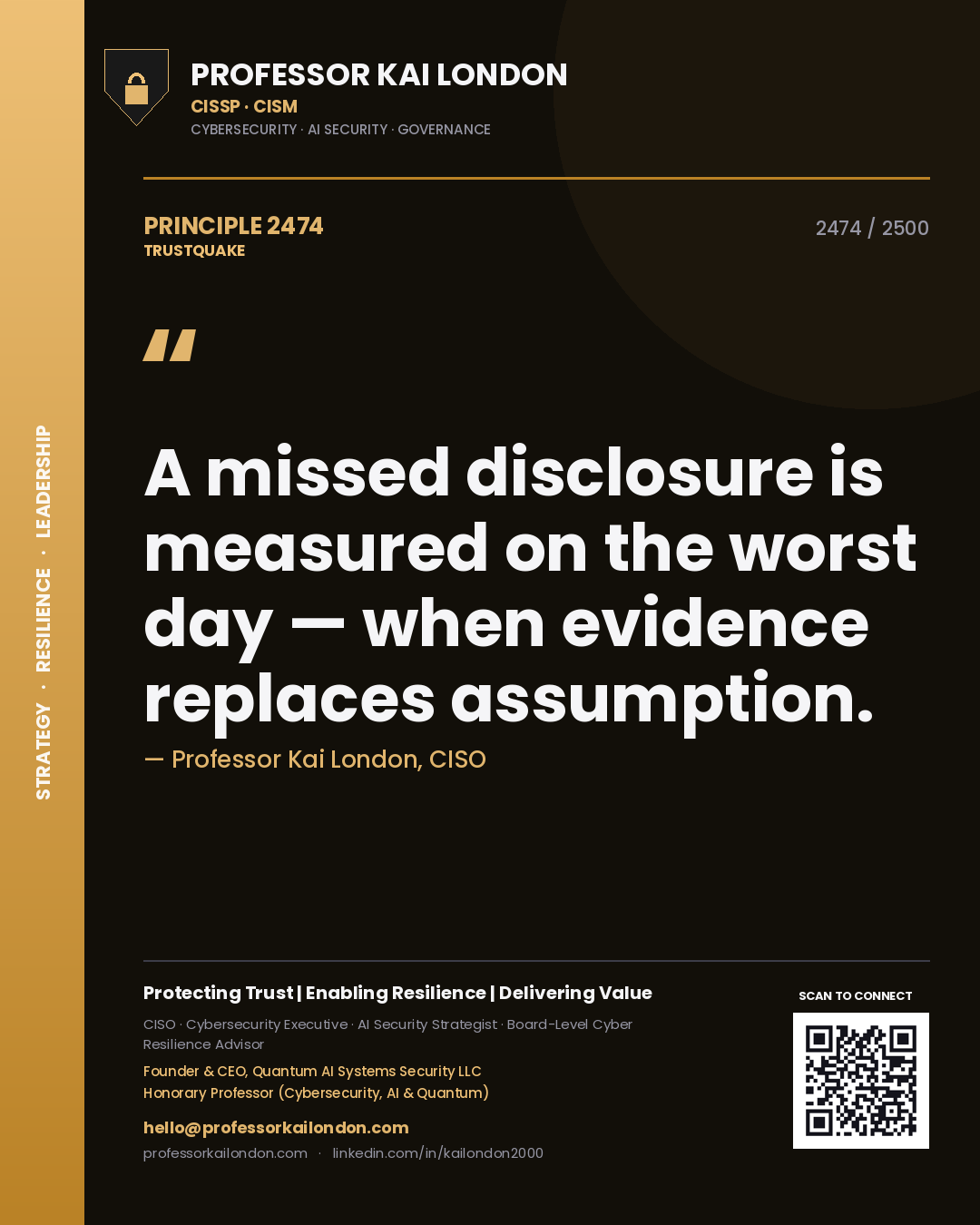 Quote card by Professor Kai London reading 'A missed disclosure is measured on the worst day — when evidence replaces assumption.'. From the book Trustquake.