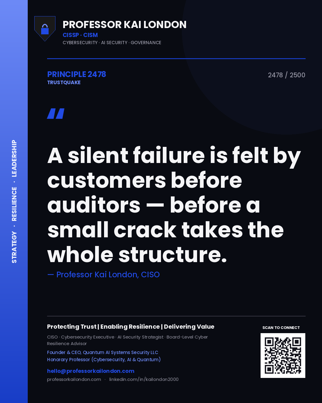 Quote card by Professor Kai London reading 'A silent failure is felt by customers before auditors — before a small crack takes the whole structure.'. From the book Trustquake.