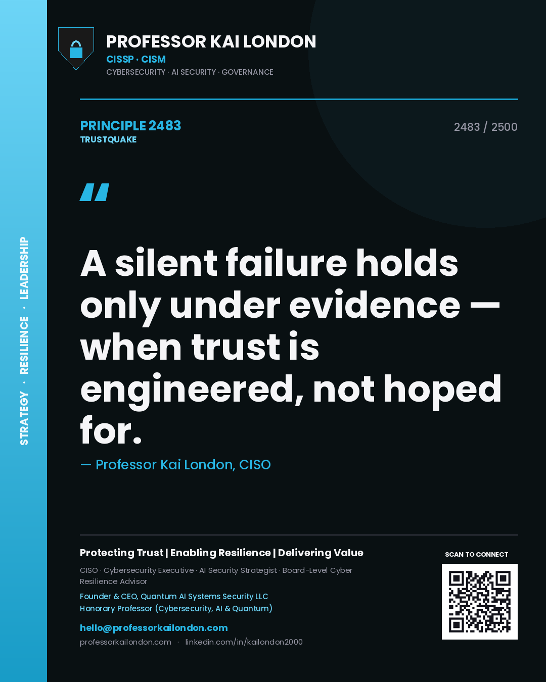 Quote card by Professor Kai London reading 'A silent failure holds only under evidence — when trust is engineered, not hoped for.'. From the book Trustquake.
