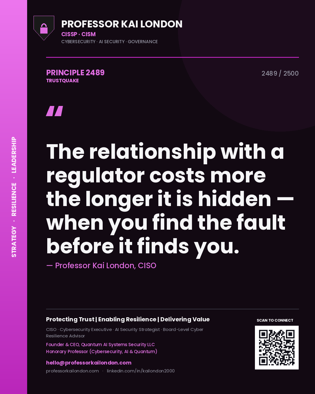 Quote card by Professor Kai London reading 'The relationship with a regulator costs more the longer it is hidden — when you find the fault before it finds you.'. From the book Trustquake.