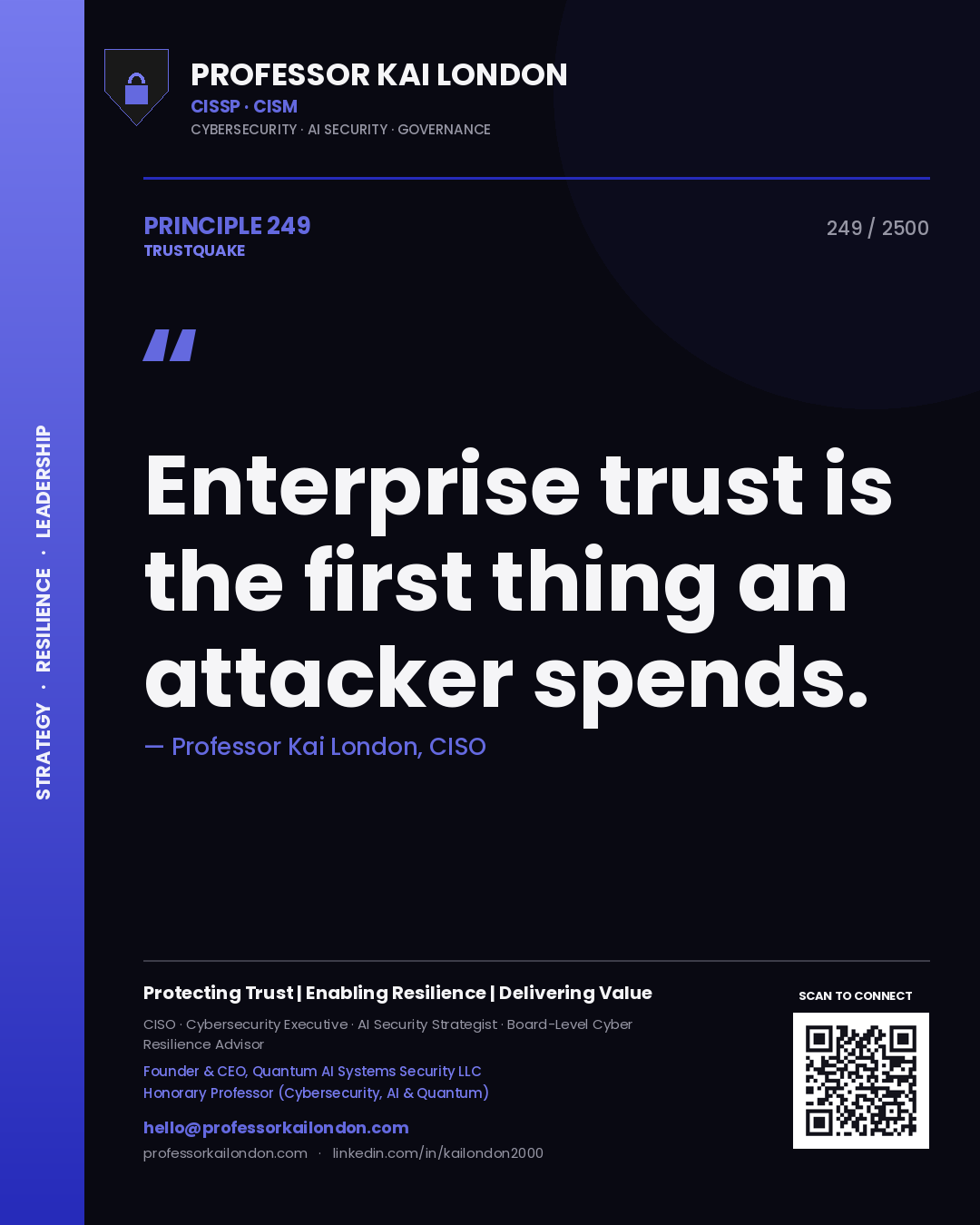 Quote card by Professor Kai London reading 'Enterprise trust is the first thing an attacker spends.'. From the book Trustquake.