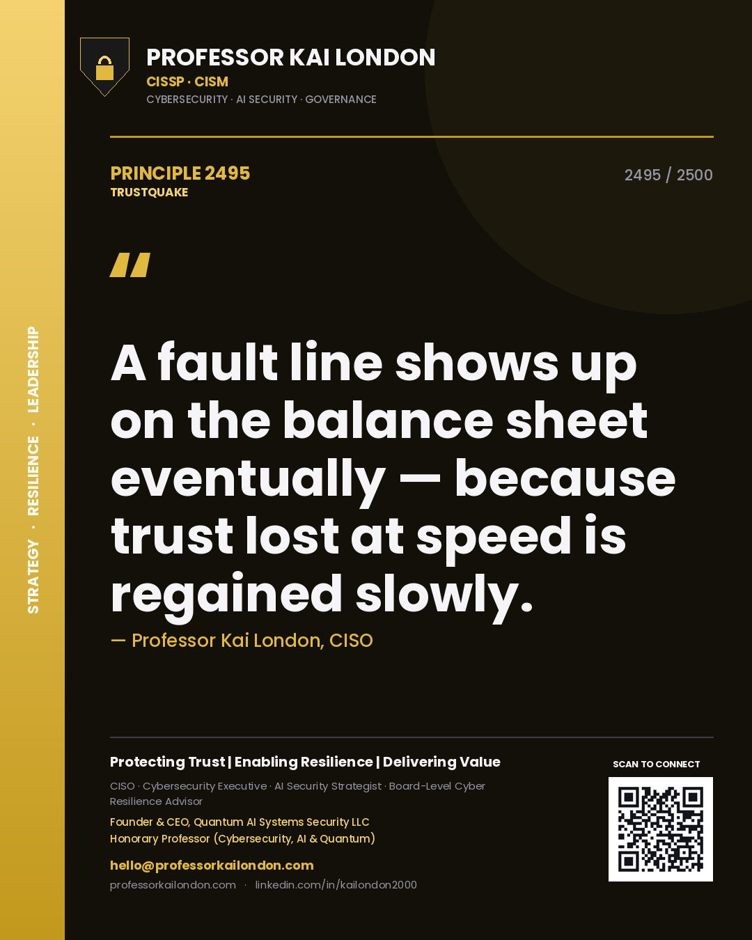 Quote card by Professor Kai London reading 'A fault line shows up on the balance sheet eventually — because trust lost at speed is regained slowly.'. From the book Trustquake.