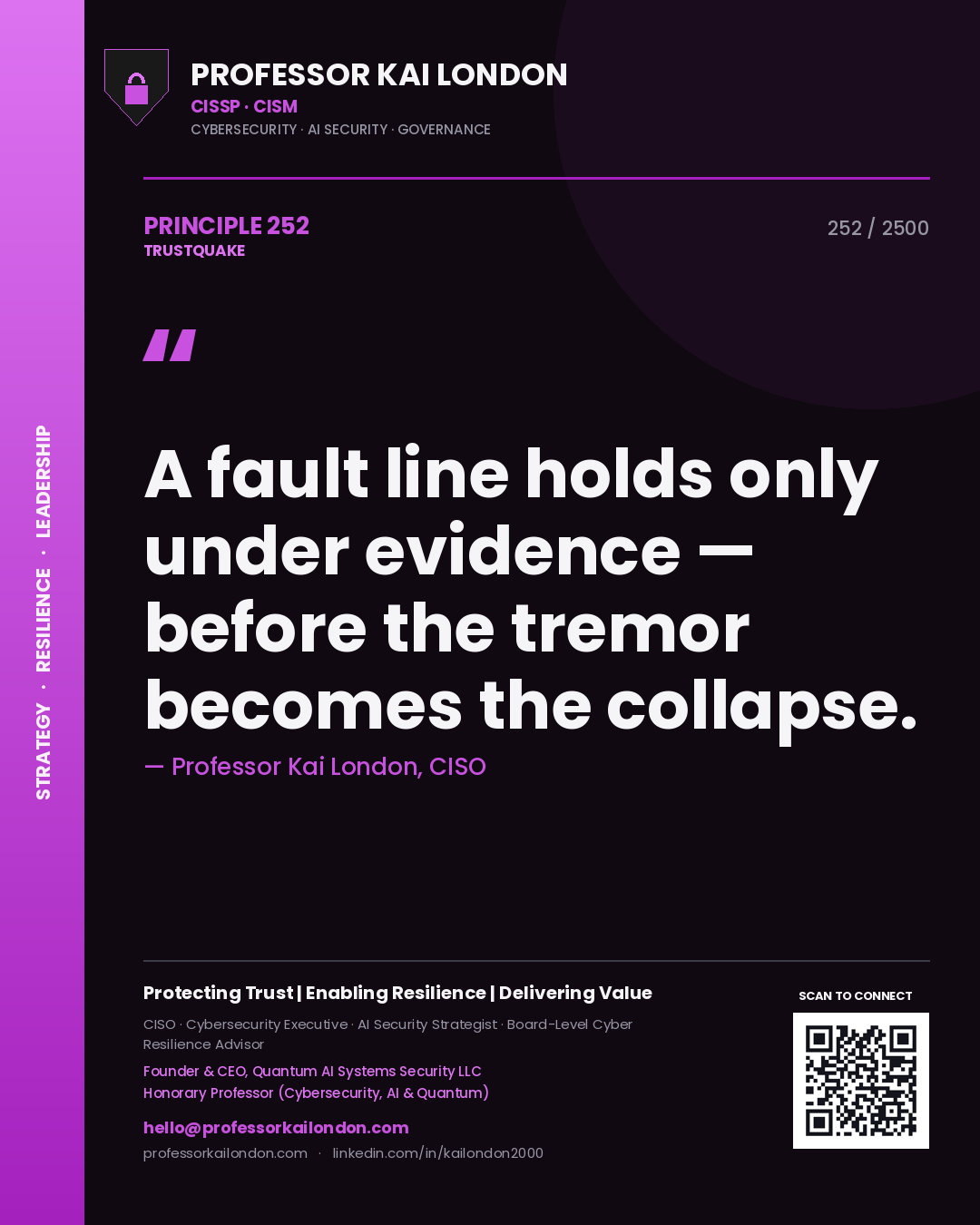 Quote card by Professor Kai London reading 'A fault line holds only under evidence — before the tremor becomes the collapse.'. From the book Trustquake.