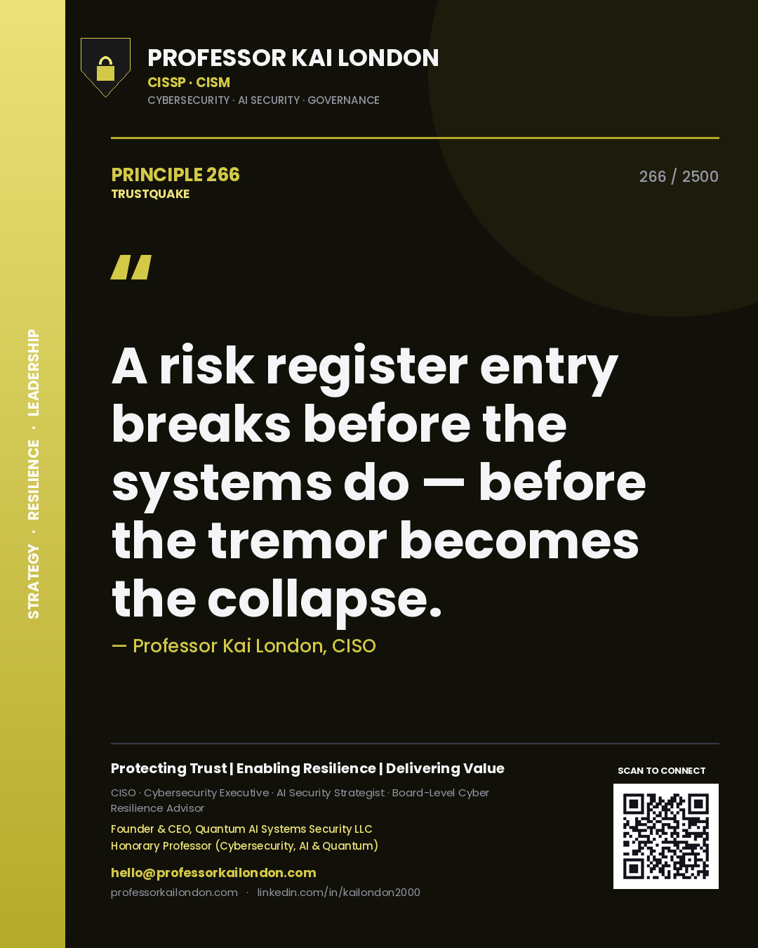 Quote card by Professor Kai London reading 'A risk register entry breaks before the systems do — before the tremor becomes the collapse.'. From the book Trustquake.