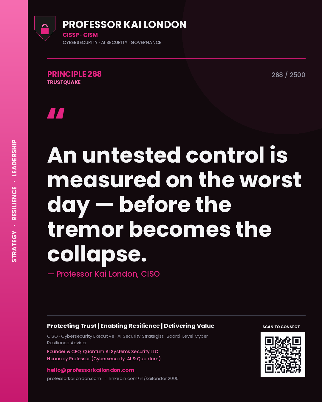 Professor Kai London principle 268: An untested control is measured on the worst day — before the tremor becomes the collapse.
