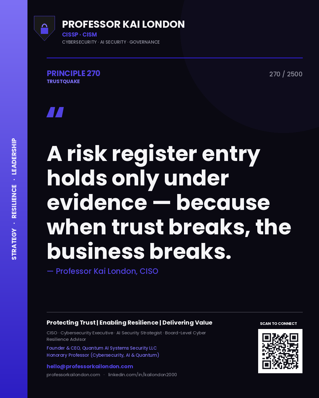 Professor Kai London principle 270: A risk register entry holds only under evidence — because when trust breaks, the business breaks.
