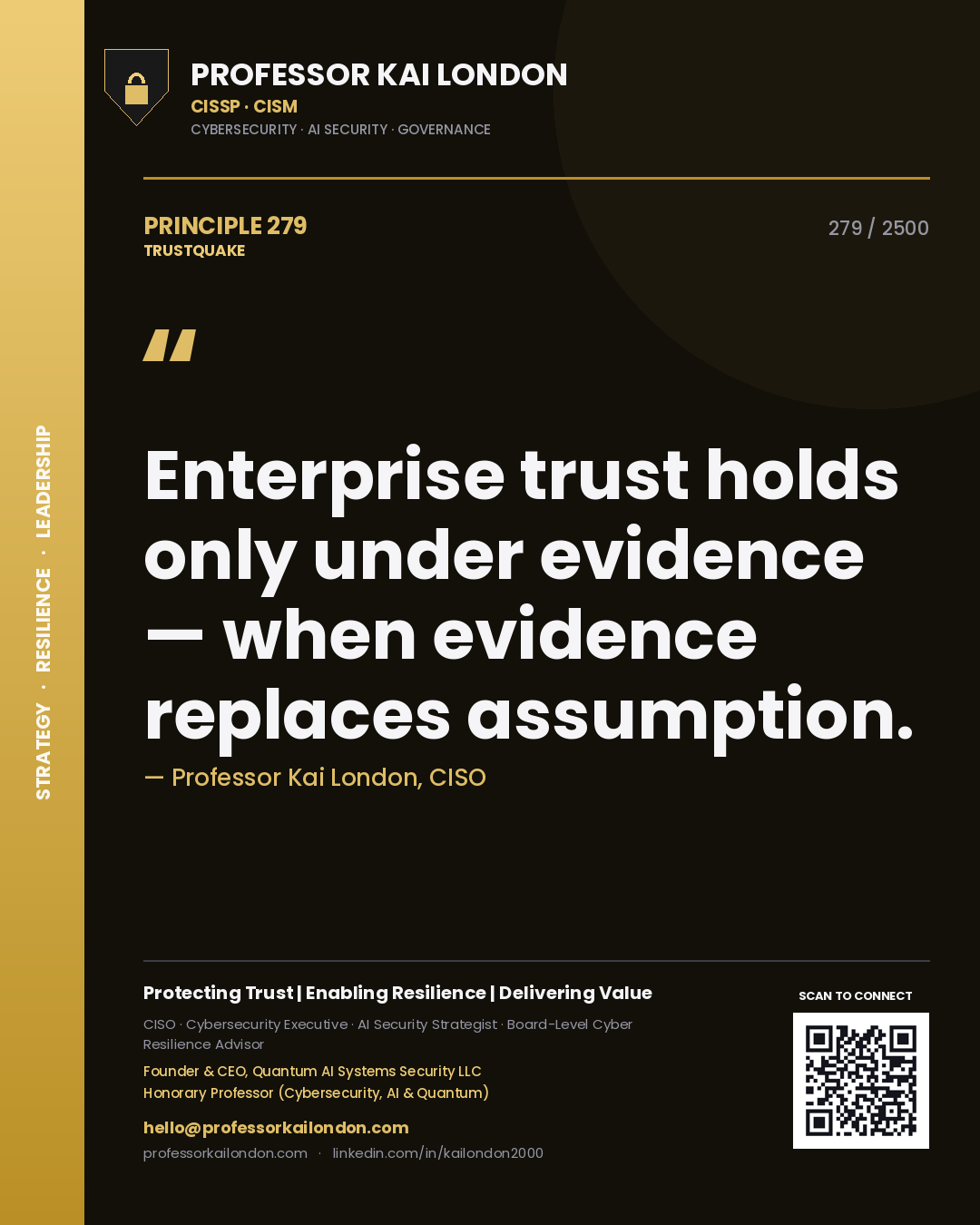 Quote card by Professor Kai London reading 'Enterprise trust holds only under evidence — when evidence replaces assumption.'. From the book Trustquake.