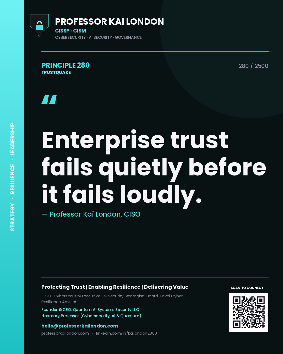 Quote card by Professor Kai London reading 'Enterprise trust fails quietly before it fails loudly.'. From the book Trustquake.