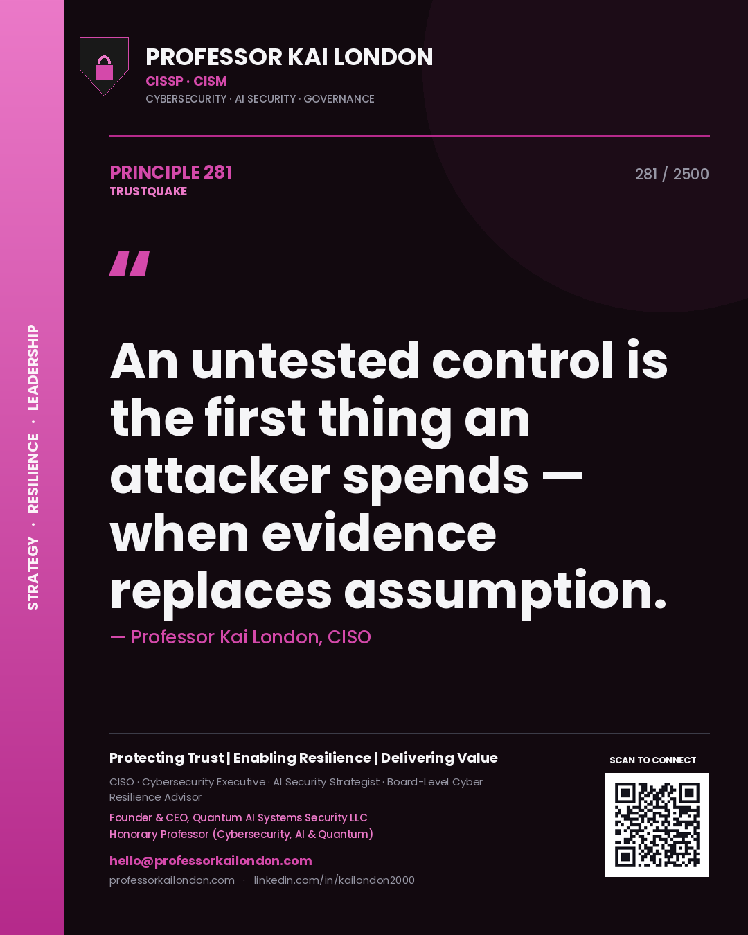 Professor Kai London principle 281: An untested control is the first thing an attacker spends — when evidence replaces assumption.
