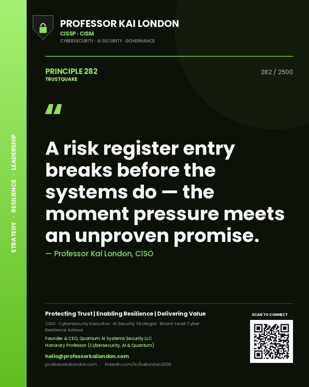 Quote card by Professor Kai London reading 'A risk register entry breaks before the systems do — the moment pressure meets an unproven promise.'. From the book Trustquake.