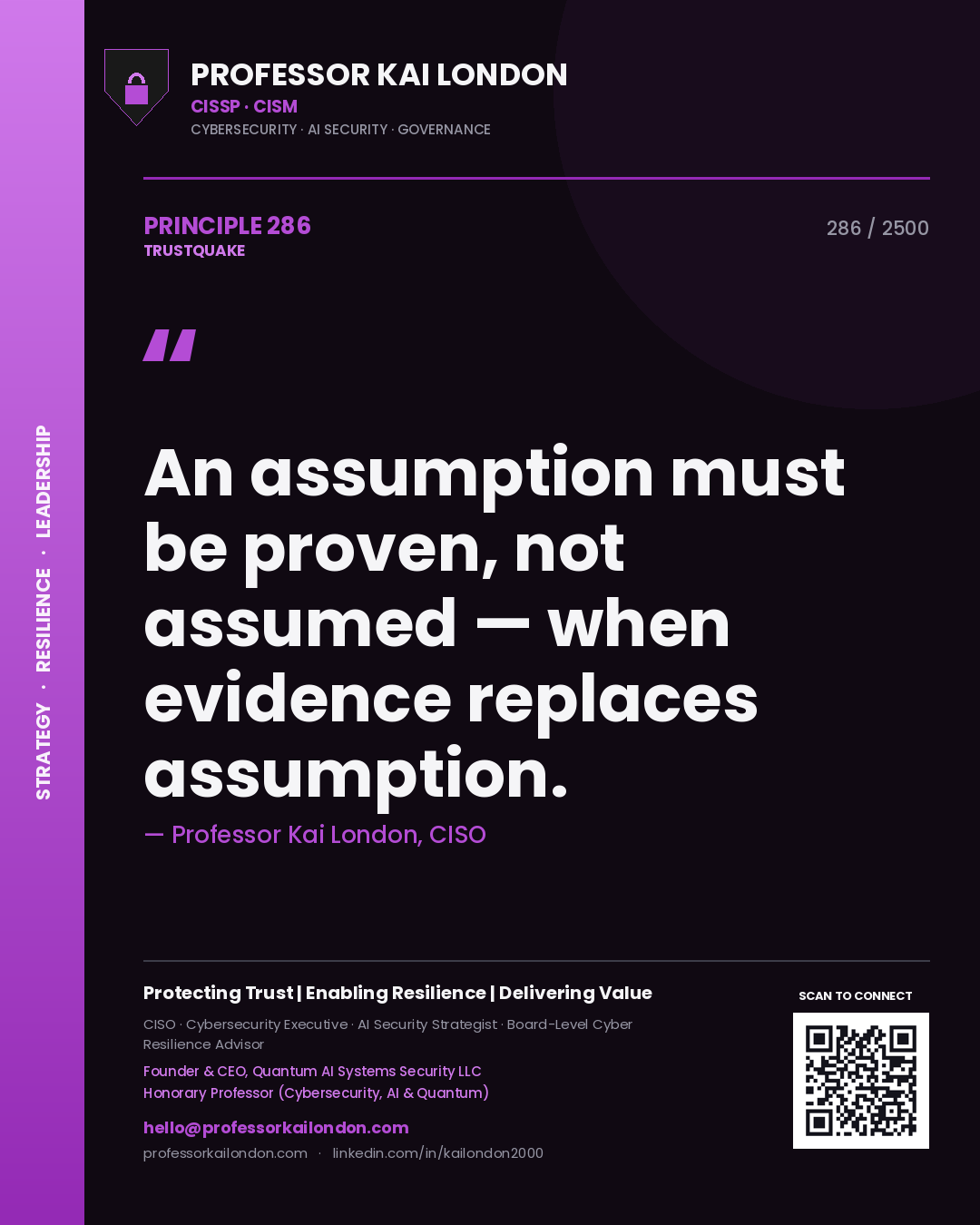 Quote card by Professor Kai London reading 'An assumption must be proven, not assumed — when evidence replaces assumption.'. From the book Trustquake.