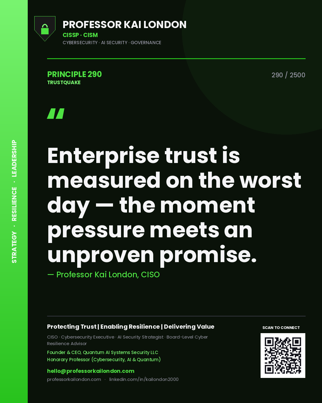 Quote card by Professor Kai London reading 'Enterprise trust is measured on the worst day — the moment pressure meets an unproven promise.'. From the book Trustquake.