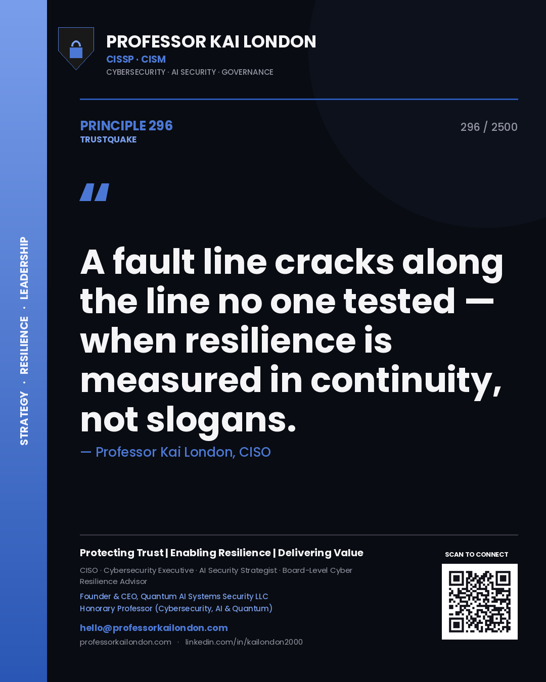 Quote card by Professor Kai London reading 'A fault line cracks along the line no one tested — when resilience is measured in continuity, not slogans.'. From the book Trustquake.
