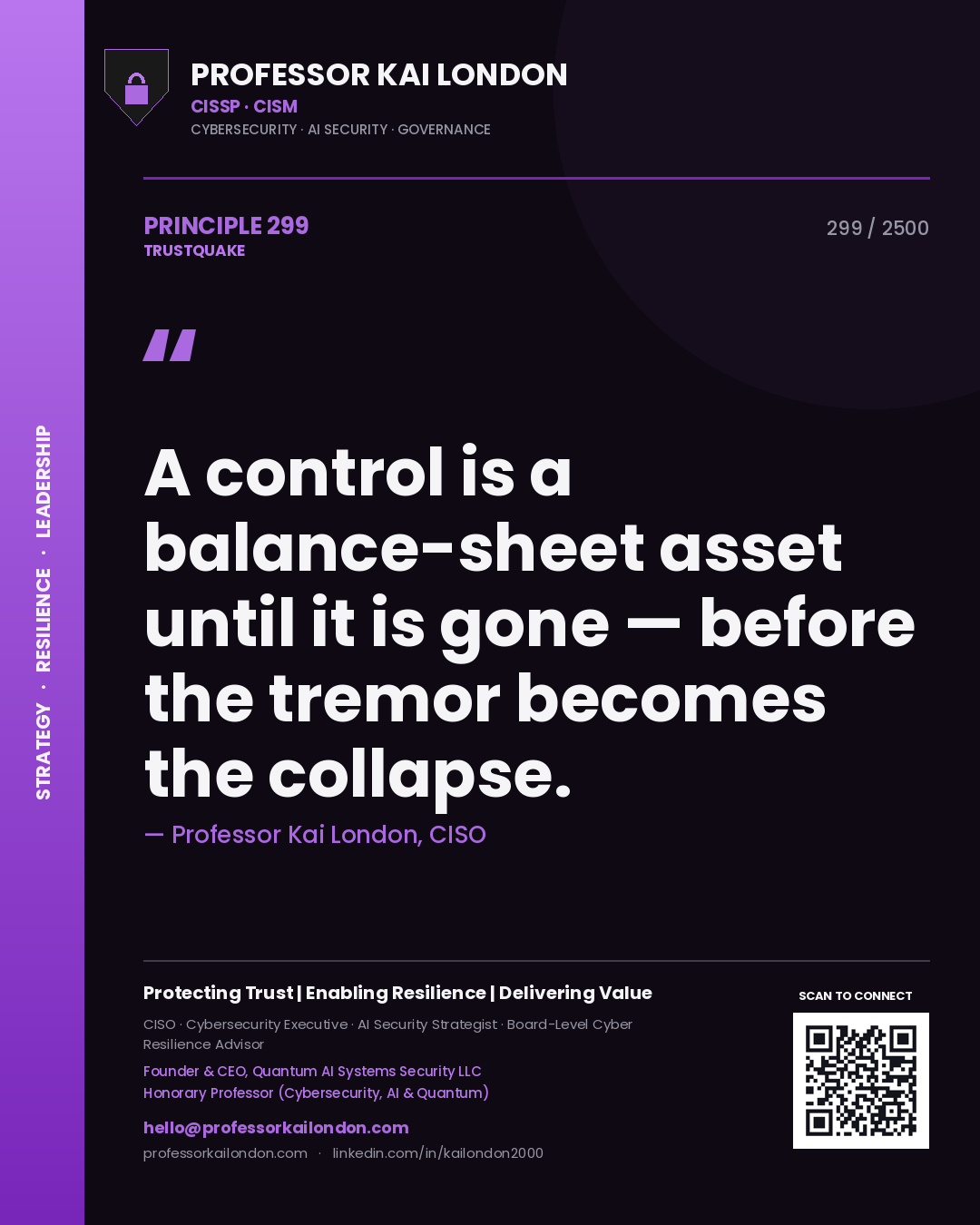 Professor Kai London principle 299: A control is a balance-sheet asset until it is gone — before the tremor becomes the collapse.