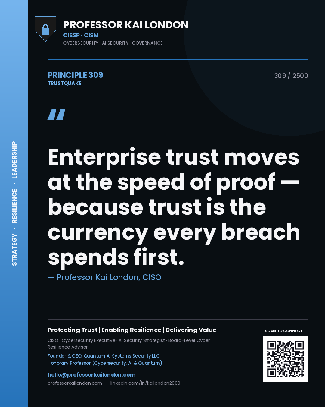 Professor Kai London principle 309: Enterprise trust moves at the speed of proof — because trust is the currency every breach spends first.